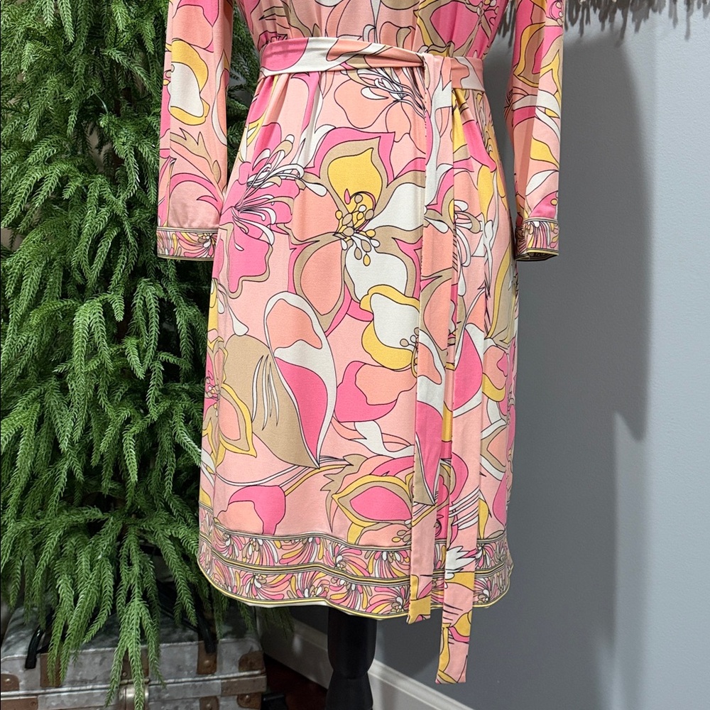 Tahari Arthur S. Levine Floral Sheath Dress Pink Yellow Size 4 Belted Retro Mod - Picture 4 of 8